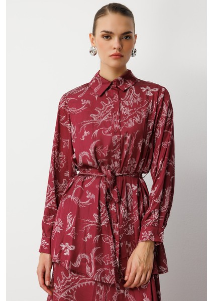 Bordo Desenli Kuşaklı Saten Uzun Gömlek Tunik