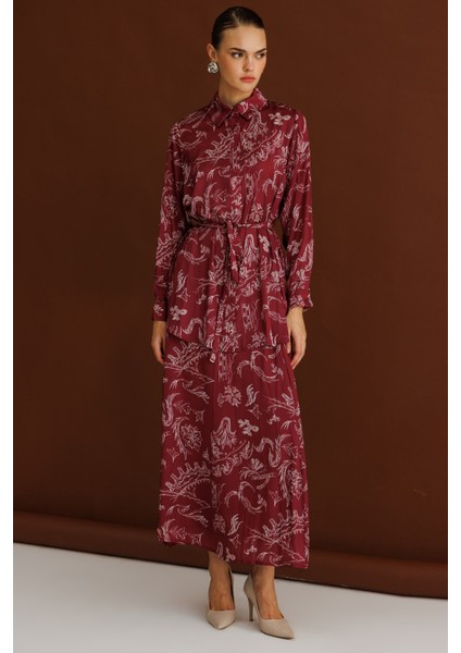 Bordo Desenli Kuşaklı Saten Uzun Gömlek Tunik modelleri