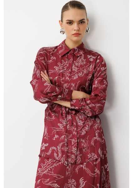 Bordo Desenli Kuşaklı Saten Uzun Gömlek Tunik fırsatları
