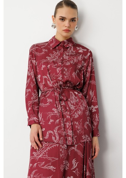 Bordo Desenli Kuşaklı Saten Uzun Gömlek Tunik indirimleri