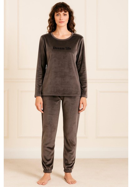 Kadın 13164-063 Uzun Kol Kadife Pijama Takımı Gri