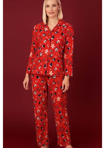 Kadın 6734 Süet Uzun Kol Düğmeli Pijama Takımı Bordo