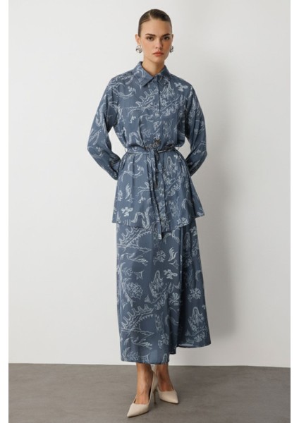 Mavi Desenli Kuşaklı Saten Uzun Gömlek Tunik