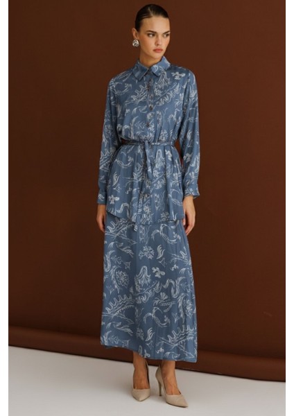 Mavi Desenli Kuşaklı Saten Uzun Gömlek Tunik modelleri