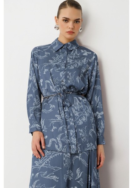 Mavi Desenli Kuşaklı Saten Uzun Gömlek Tunik indirimleri