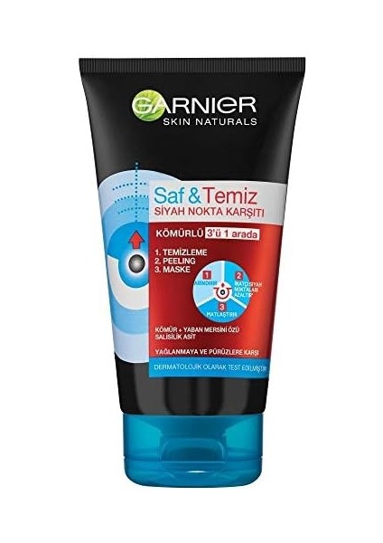 Garnier Skin Naturals Saf & Temiz Siyah Nokta Karşıtı Kömürlü 3&apos;ü 1 Arada (150 Ml)