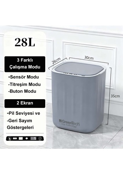 Sensörlü 28 Litre Çöp Kovası (Şarj Edilebilir Lityum Pilli) / GT-SC07 Gri