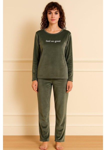Kadın 13166-2782 Uzun Kol Kadife Pijama Takımı Yeşil