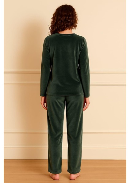 Kadın 13166-2782 Uzun Kol Kadife Pijama Takımı Yeşil fiyatları