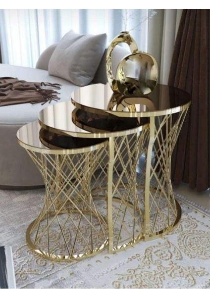 3'lü Anatol Zigon Sehpa Seti Gold Ayak Siyah Cam