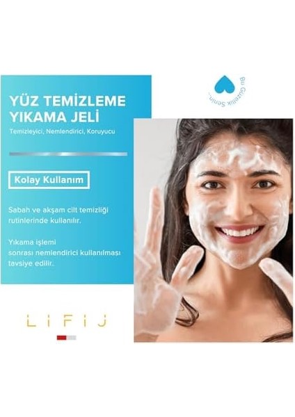 Lifij Yüz Temizleme Jeli, Cilt Bariyerine Zarar Vermez, Cildin Makyaj, Kir ve Çevresel Etkenlerden Arınmasını Sağlar (150ML)