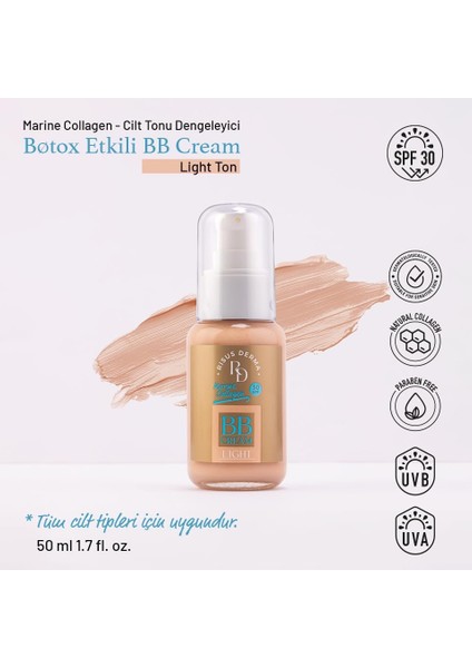 Rd Risus Derma Marine Collagen Bb Krem LIGHT,%100 Saf Balık Kolajenli,8 Çeşit Hyaluronic Acid, Ince Kırışıklıkları Toparlar, Leke Oluşumunu Engeller, Cilt Tonunu Eşitler