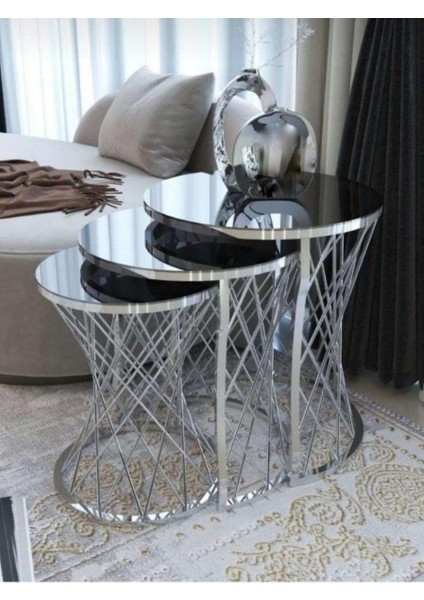 3'lü Anatol Zigon Sehpa Seti Gümüş Ayak Siyah Cam