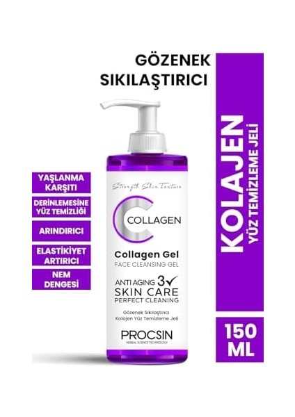 Procsın Gözenek Sıkılaştırıcı Kolajen Yüz Temizleme Jeli, Derinlemesine Temizlik & Cilt Sıkılaştırıcı, Günlük Kullanım, 150 ml modelleri