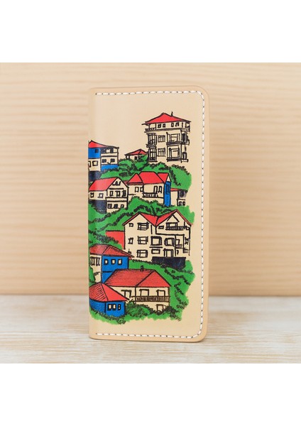 El Yapımı Hakiki Deri Şehir Desenli Cüzdan - Vegetable-Tanned Ince Katlanabilir Model | Sanatsal El Işçiliği Unisex Tasarım