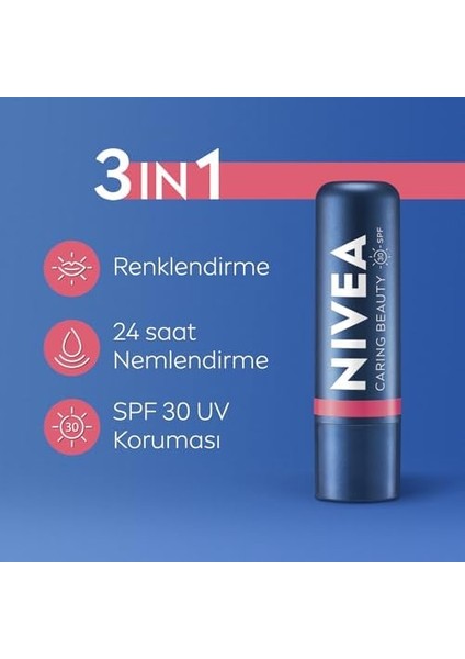Nivea SPF30 Nemlendirici Dudak Bakım Kremi 4.8gr, Mercan, Rose, Kırmızı Renkli, Dudak Yanak, Allık Etkisi