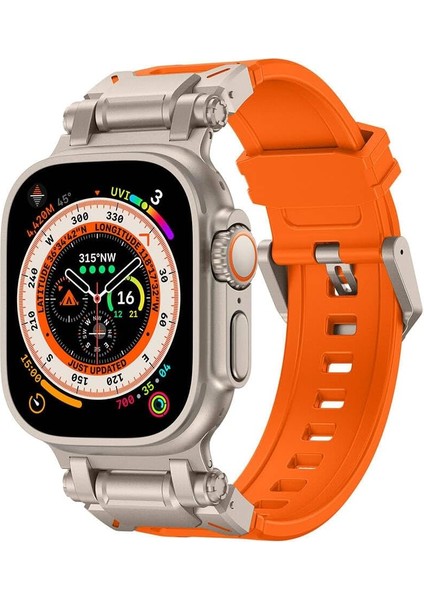 Ile Uyumlu Ultra 49MM KRD-101 Titanyum Metal Başlıklı Silikon Kordon Turuncu-Titanyum