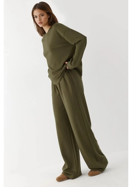 Kadın Modal Touch Geniş Paça Eşofman Altı Haki Yeşil