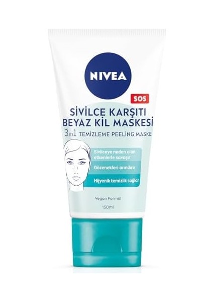 Nıvea Sivilce Karşıtı 3&apos;ü 1 Arada Beyaz Kil Maskesi 150ML, Temizleme, Peeling, Siyah Nokta Arındırıcı, Gözenek Arındırıcı, Yüz Temizleyici, Pürüzsüzleştirici, Vegan Formül