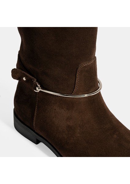 Kadın Kahve Metal Detaylı Deri Süet Çizme