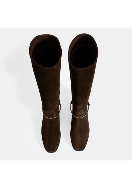 Kadın Kahve Metal Detaylı Deri Süet Çizme