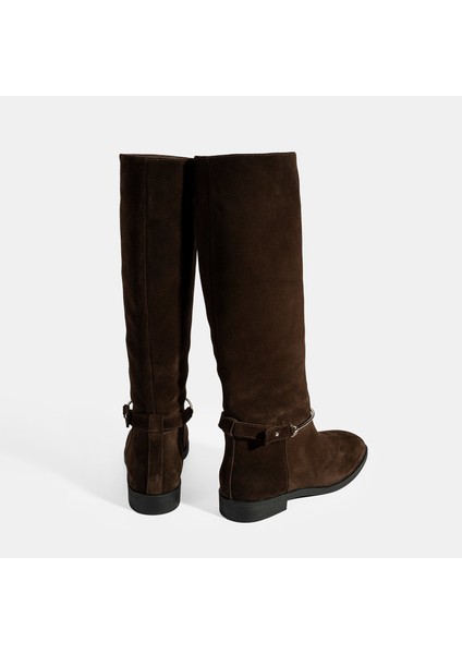 Kadın Kahve Metal Detaylı Deri Süet Çizme