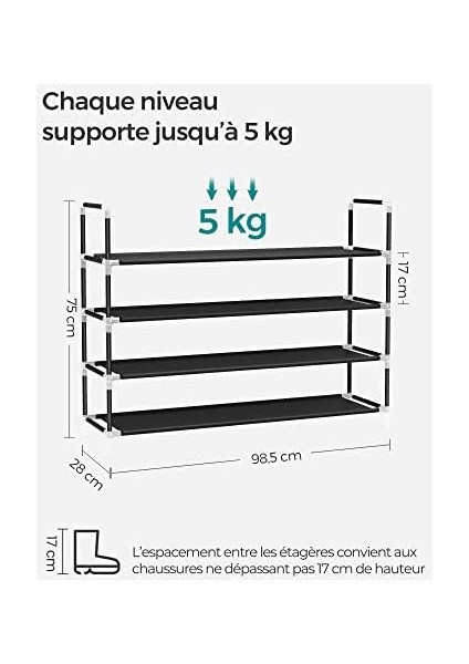 4 Katlı Ayakkabı Rafı, Antre Dolabı Için Ayakkabı Saklama Çözümü, ve Yer Tasarrufu Sağlayan, Metal Çerçeve, Dokuma Olmayan Kumaş Raflar, Siyah LSH054B01 fiyatları