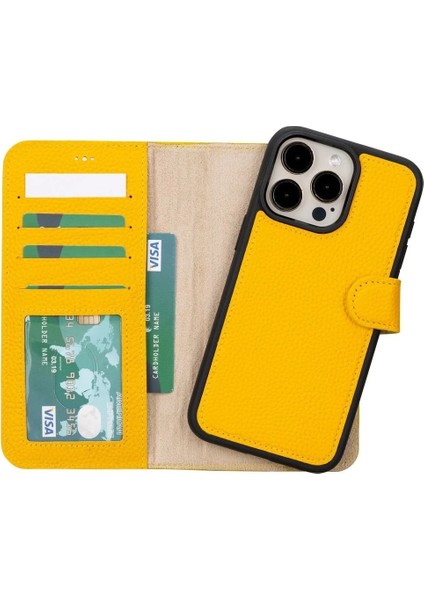 Buğz Apple iPhone 15 Pro Max Uyumlu Deri Cüzdanlı Kılıf Mwwn FL12 Sarı