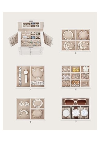 Mücevher Kutusu, 6 Seviyeli Büyük Mücevher Kutusu, Menteşeli Yan Kapılı Mücevher Kutusu, Çekmeceler, Ayna ve Kilit, Yüzükler, Küpeler Için, Beyaz JBC152W01 fiyatları