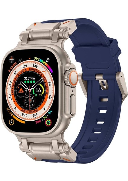 Ile Uyumlu Ultra 49MM KRD-101 Titanyum Metal Başlıklı Silikon Kordon Mavi-Titanyum