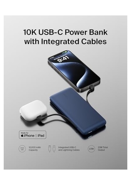 Boostcharge 10000 Mah Kapasiteli Taşınabilir Powerbank, Mfı Sertifikalı 2 Adet Usb-C Kablo Bağlantı Noktası, 23W, Mavi fiyatları