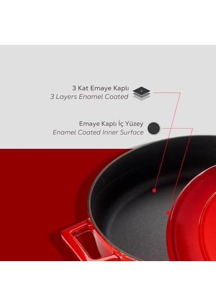 Metal Döküm Çok Amaçlı Yayvan Tencere, 24 cm 2.47 L Kırmızı modelleri