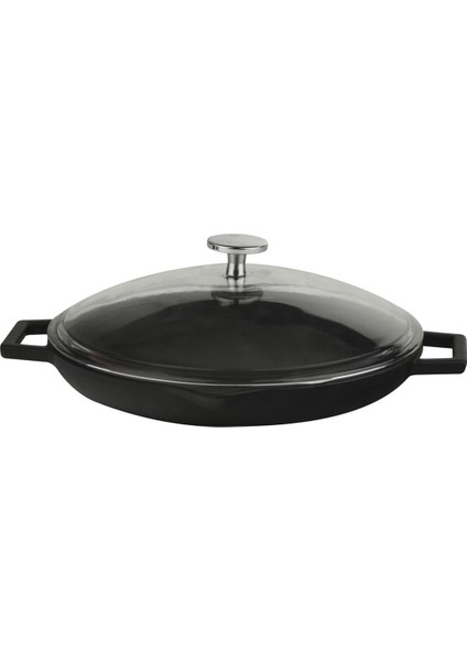 Cam Kapaklı Düz Zeminli Döküm Demir Tava, 26 cm