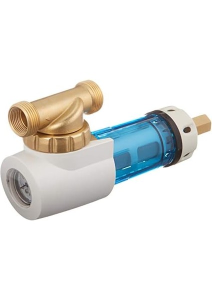 WSP50GR Yeniden Kullanılabilir Spin Sediment Su Filtresi, Dahili Muhafaza Kazıyıcılı 50 Mikron, 360° Dönebilen Başlık, Basınç Göstergesi, Mavi modelleri