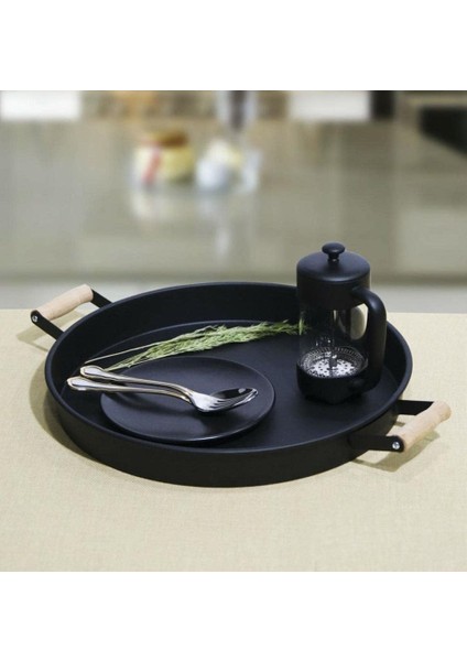 Kulplu Metal Tepsi Siyah 37CM Country Tarzı Tepsi