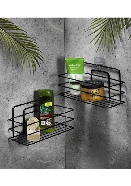 Haus Ömür Boyu Paslanmaz Yapışkanlı Düzenleyici Şampuanlık Duş Rafı 2 Adet Siyah Tş-01