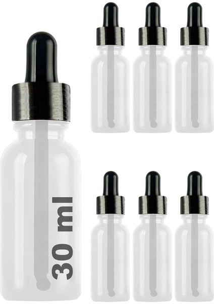 30 ml Metal Kapaklı Damlalık Dropper Şişesi Serum 30 cc Cam Şişe 6 Adet (Siyah Kapak, Şeffaf)