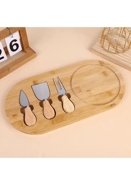 Bambu Peynir Sunum Tabağı, 3 Parça Peynir Bıçağı ve Çatalı Seti, Toplam 4 Parça, ve Şık Bambu Peynir Tabağı, Kaliteli Bambu Sunum Seti 34X20 cm Ebatlarında