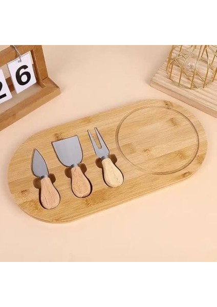 Bambu Peynir Sunum Tabağı, 3 Parça Peynir Bıçağı ve Çatalı Seti, Toplam 4 Parça, ve Şık Bambu Peynir Tabağı, Kaliteli Bambu Sunum Seti 34X20 cm Ebatlarında fiyatları