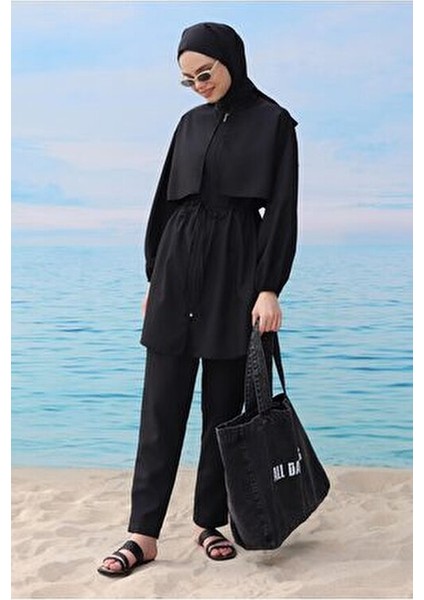 Kadın Rüzgarlıklı Yüzme Takımı Su İtici Kumaş Siyah 3 Parça Tunik Pantolon Şal