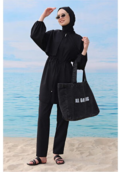 Kadın Rüzgarlıklı Yüzme Takımı Su İtici Kumaş Siyah 3 Parça Tunik Pantolon Şal