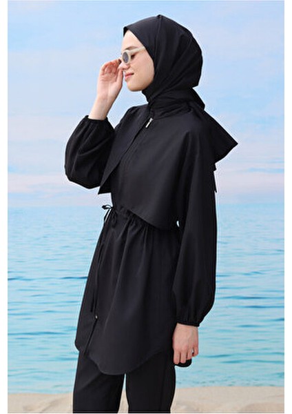Kadın Rüzgarlıklı Yüzme Takımı Su İtici Kumaş Siyah 3 Parça Tunik Pantolon Şal