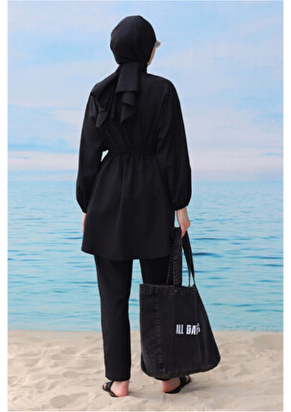 Kadın Rüzgarlıklı Yüzme Takımı Su İtici Kumaş Siyah 3 Parça Tunik Pantolon Şal