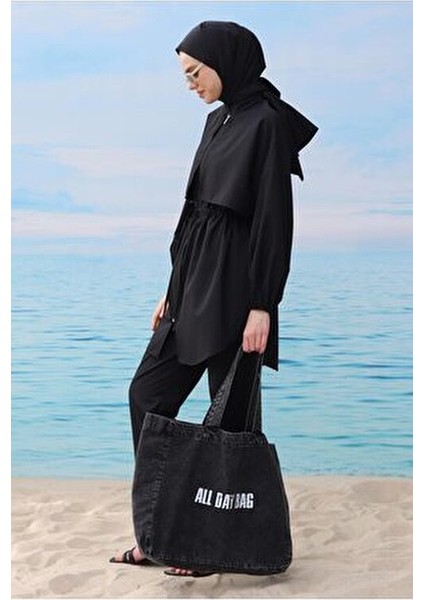 Kadın Rüzgarlıklı Yüzme Takımı Su İtici Kumaş Siyah 3 Parça Tunik Pantolon Şal