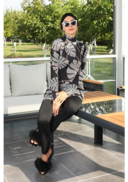 Likralı Tam Kapalı Tesettür Mayo Dokuma Kumaşlı Şık Desenli Kadın 268-515 Siyah