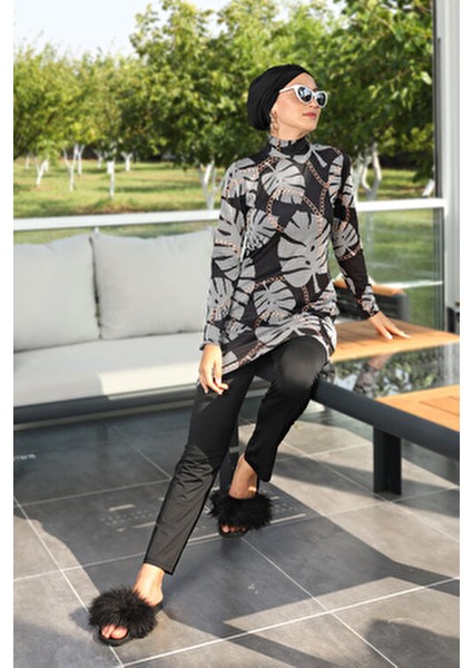 Likralı Tam Kapalı Tesettür Mayo Dokuma Kumaşlı Şık Desenli Kadın 268-515 Siyah