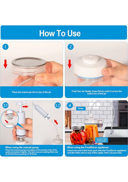 Kavanoz Kapatıcı ve Vakum Kapatıcıya Uyumlu Aksesuar Hortumu, Manuel Taşınabilir Vakum Pompası ve Konserve Açacağı ile (Yurt Dışından) modelleri