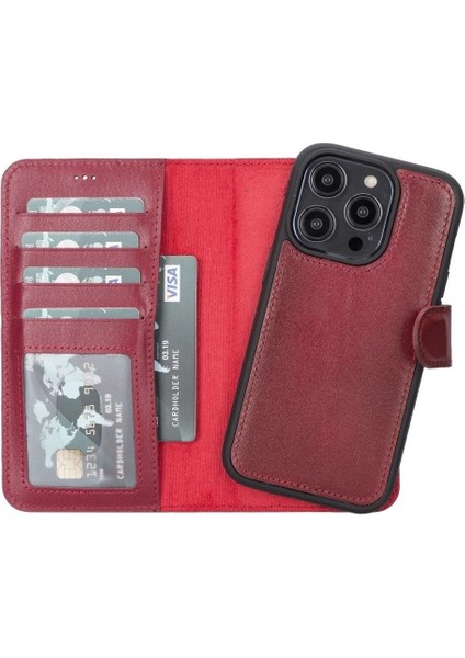 Buğz Apple iPhone 14 Pro Uyumlu Deri Cüzdanlı Kılıf Mwwn V4EF Kırmızı