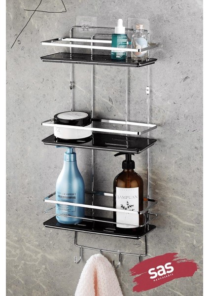 Haus Yapışkanlı Ömür Boyu Paslanmaz Ayarlanabilir Raf Düzenleyici Şampuanlık Krom-Siyah Lş-03