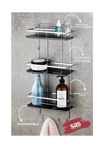 Haus Yapışkanlı Ömür Boyu Paslanmaz Ayarlanabilir Raf Düzenleyici Şampuanlık Krom-Siyah Lş-03 fiyatları